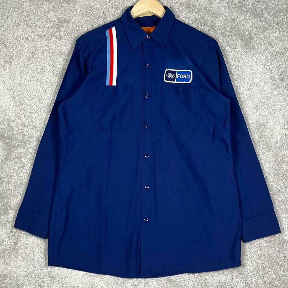 Vintage 80s Red Kap Ford Mechanic Work Shirt Navy Blue Racing Stripe Mens M-RG - Picture 2 of 16